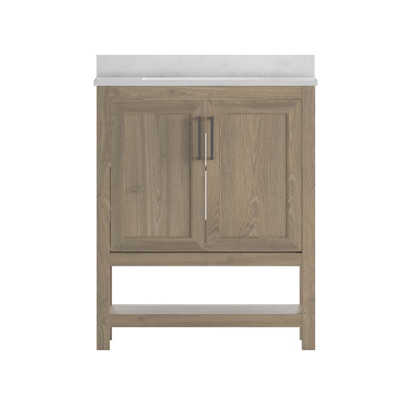 Emma and Oliver Bathroom Vanity, Single Sink Cabinet with 2 Soft Close Doors and Open Shelf, Carrara Marble Finish Countertop, 3 of 13