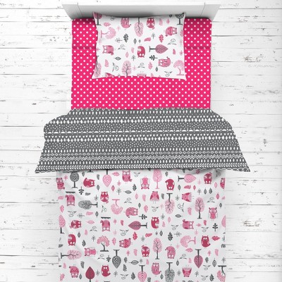 Bacati - Owls in the Woods Pink Fuschia Gray 4 pc Toddler Bedding Set