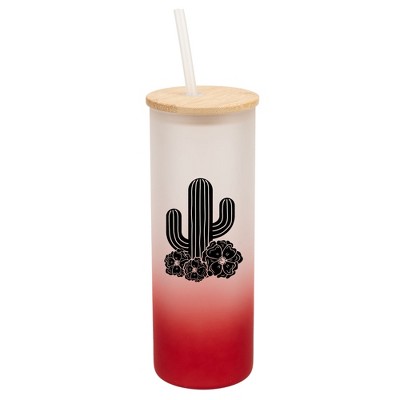 Elanze Designs Cactus Desert Flower Garden Wrap-Around Design 25 Ounce Frosted Gradient Glass On-The-Go Coffee Travel Skinny Tumbler Mug Cup, Bamboo