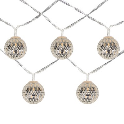 Northlight 10 B/O LED Warm White Silver Metal Ball Christmas Lights - 6.25' Clear Wire