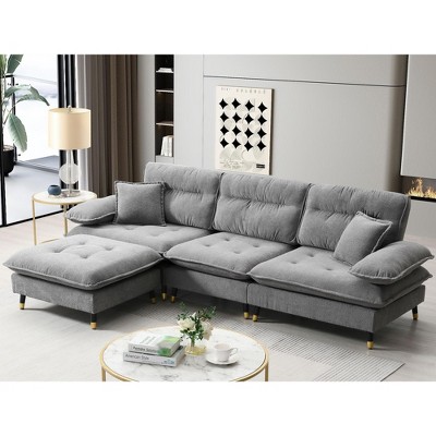 Okak 106" L-Shaped Convertible Sectional Sofa 4 Seat with Movable Ottoman&2-tone Adjust Legs,Cloud Chenille Couch for Living Room,Apartment, Gray
