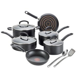 T-fal 12pc Expert Forged Nonstick Cookware Set Black: Tempered Glass Lids, Stay-Cool Handles, Gas & Electric Compatible - 1 of 4