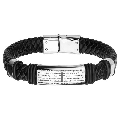 Men's Steel Art Black Braided Leather with Lord's Prayer ID Stainless Steel Bangle Bracelet (8.75")