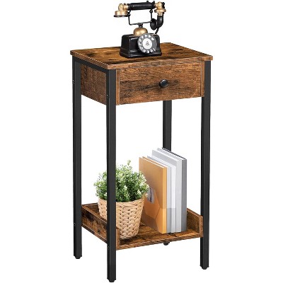 Wikineon Tall End Table, Nightstand, Industrial Side Table with Drawer and Storage Shelf, for Study, Bedroom, Space Saving, Rustic Brown and Black