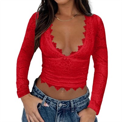 Women's Lace Deep V Neck Crop Tops Long Sleeve Slim Fit Casual Tee Shirts