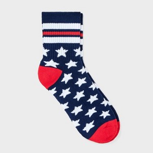 Women's Ribbed Cushioned Stars Short Crew Socks - Navy/Red/White 4-10: Recycled Polyester, Cushioned Sole - 1 of 3