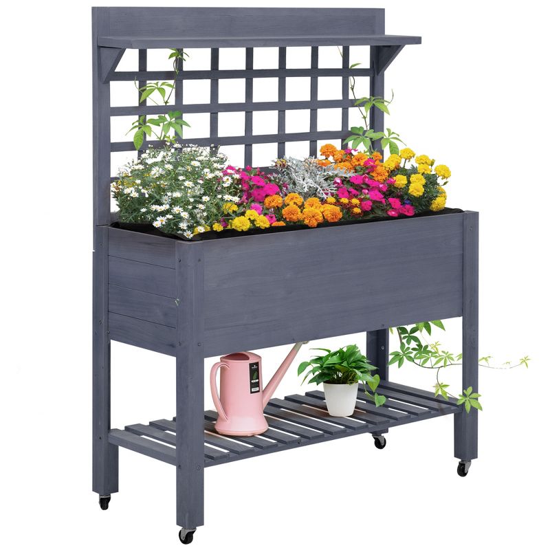 Outsunny 41'' Raised Garden Bed Mobile Elevated Wooden Planter Box Stand with Wheels, Trellis and Storage Shelf, 1 of 7