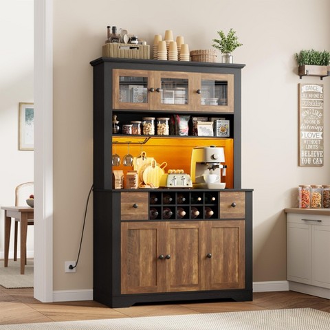 Garvee Coffee Bar Cabinet, 68.7 Inch Brown Farmhouse Kitchen Hutch with Led Light and Power Outlet for Dining Room