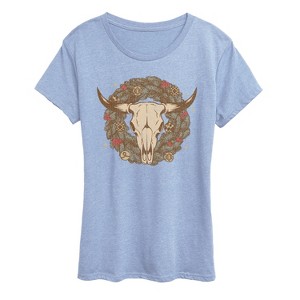Women's - Instant Message - Cow Skull Wreath Short Sleeve Graphic T-Shirt - 1 of 4