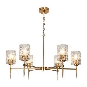 LNC Everardgeon 6-Lights 33.5" Modern Wagon Wheel Oversized Chandelier, Polished Gold with Ripple Glass Shades - 1 of 4
