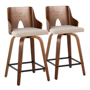 24" Fabric Mid-Century Modern Fixed Counter Stool with Peek-A-Boo Wood Back, Cushioned Seat, and Square Metal Footrest, Set of 2 - 1 of 4