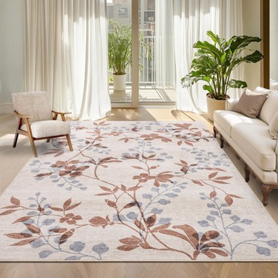 Washable Modern Leaves Printed Rug Non Slip Low Pile Rug Soft Botanical Pattern  Throw Floor Cover Foldable Indoor Carpet for Living Room Bedroom
