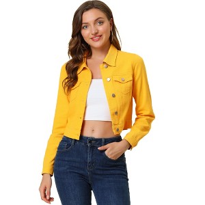 Allegra K Women's Solid Cropped Button-Down Plaid Cuffs Jean Jacket with Pockets - 1 of 4