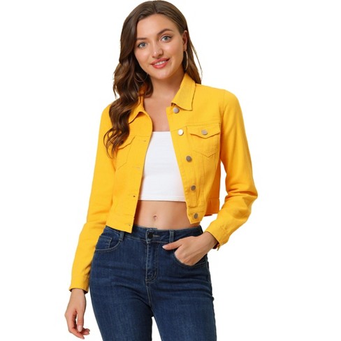 Allegra K Women's Crop Button Down Plaid Cuffs Jean Jacket with Pockets  Yellow Medium