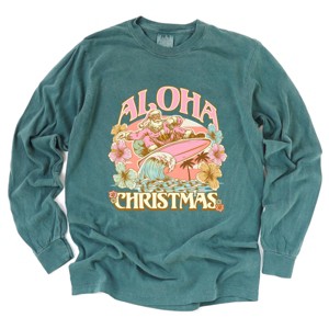 Aloha Christmas Surfing Santa - Women's Garment Dyed Long Sleeve Graphic T-Shirt - 1 of 4