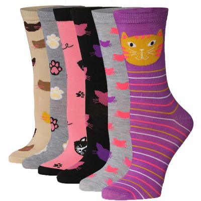 Tipi Toe Women's 6 Pairs Lightweight Colorful Purrfect Paws Mix Patterned Crew Socks