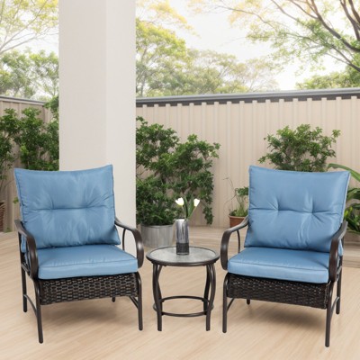VisioGear 3 Pieces Patio Seating Sets with Coffee Table, Outdoor Rattan Chair Conversation Sets, Blue, 25.59"*25.59"*33.07"