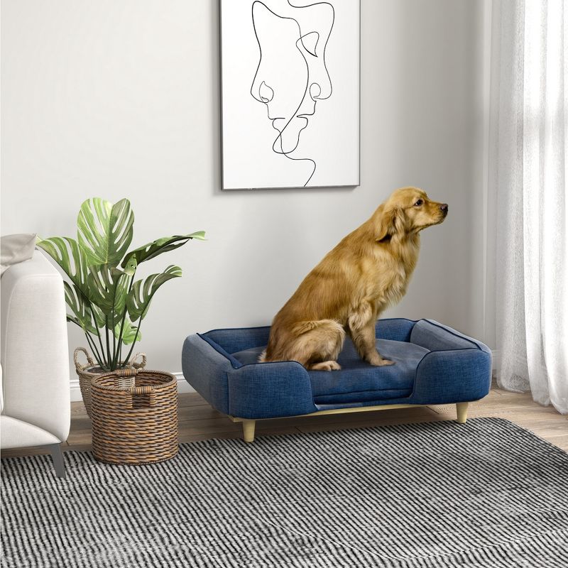 PawHut Dog Sofa, Raised Dog Couch with Comfortable Cushion, Pine Wood Legs, Foot Pads, Pet Sofa for Large-Sized Dogs Indoor Use, Dark Blue, 3 of 7
