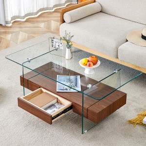 Glass Coffee Table Modern 2-Tier Center Table Cocktail Table Sofa Table Storage Side Table with Drawer, Walnut/White/Black/Natural-ModernLuxe - 1 of 4