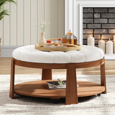 JUJABU Oversized Round Button Tufted Ottoman Coffee Table with Wheels, Wood Shelf and Waterproof Linen for Living Room