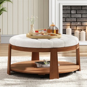 JUJABU Oversized Round Button Tufted Ottoman Coffee Table with Wheels, Wood Shelf and Waterproof Linen for Living Room - 1 of 4
