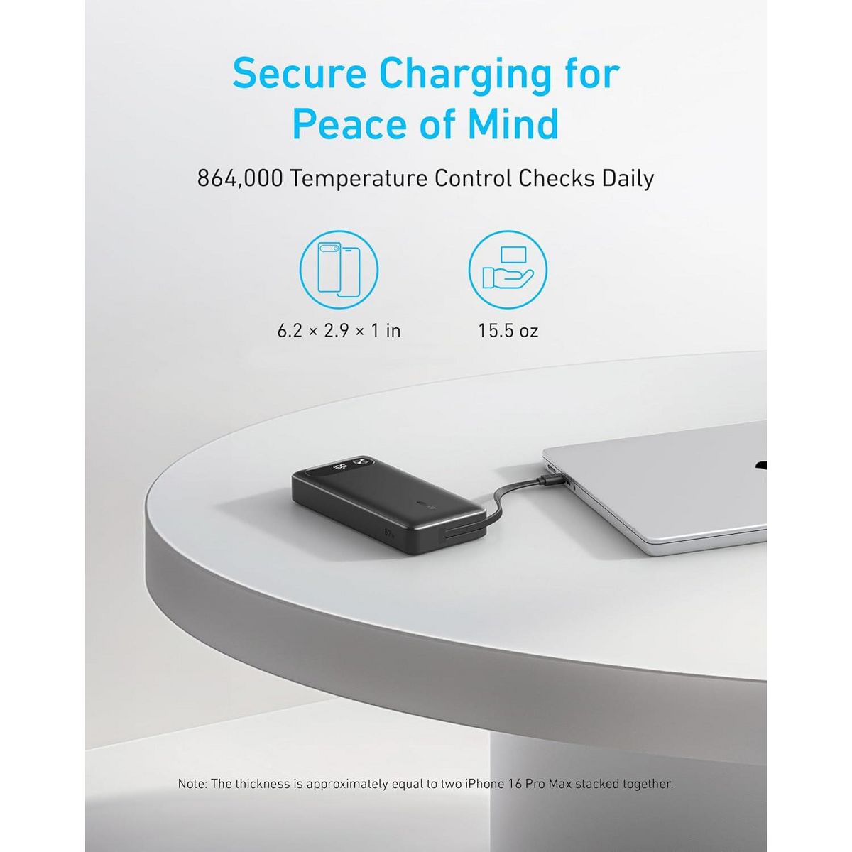 Anker Power Bank, 20,000mAh Travel Essential Portable Charger with Built-in USB-C Cable, 3-Port 87W Max Fast Charging Battery Pack - thumbnail 6