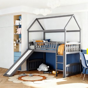 Luxystar Kids Playhouse Loft Bed with Slide & Play Area Underneath, Twin Size Solid Wood Low Bunk Bed for Children - 1 of 4