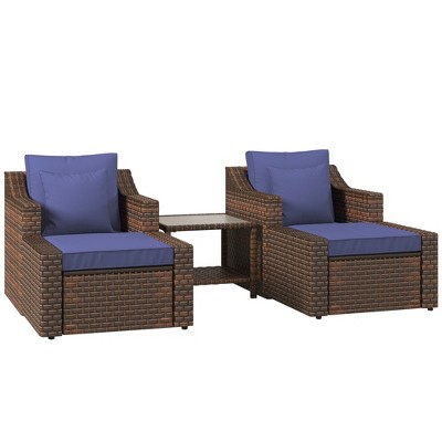 Outsunny 5 Piece Patio Furniture Set, All Weather PE Rattan Conversation Chair & Ottoman Set w/ Table, Cushions & Pillows Included