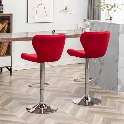 Ellston Red Velvet Adjustable Swivel Barstools with Chrome Base, Set of 2