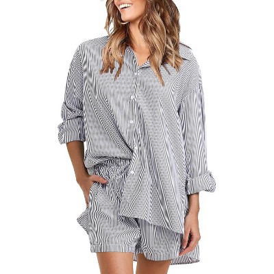 EXLURA Women's Summer 2 Piece Sets Long Sleeve Button Down Shirts Matching Short Sets Oversized Spring Vacation Outfits