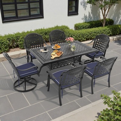 7-Piece Cast Aluminum Patio Dining Set with Rectangle Table, 2 swivel chairs and 4 fixed dining chairs, Blue Cushions