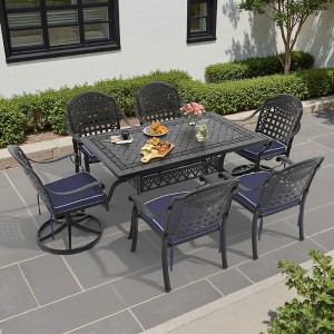 7-Piece Cast Aluminum Patio Dining Set with Rectangle Table, 2 swivel chairs and 4 fixed dining chairs, Blue Cushions - 1 of 4