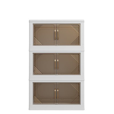 FONTOI 3-Tier Foldable Storage Box with Clear Doors&Wheels, Stackable Storage Container for Bedrooms Living Rooms Office, Beige, 12.99"*35.43"*21.65"