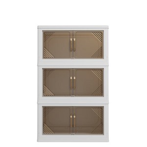 FONTOI 3-Tier Foldable Storage Box with Clear Doors&Wheels, Stackable Storage Container for Bedrooms Living Rooms Office, Beige, 12.99"*35.43"*21.65" - 1 of 4