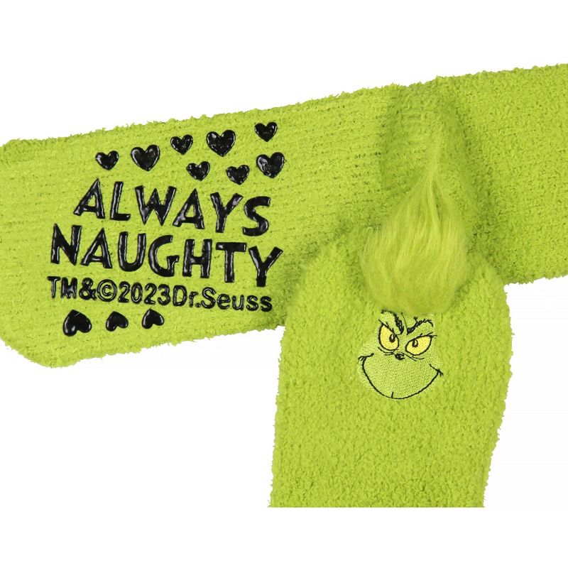 Dr. Seuss The Grinch Socks Always Naughty Plush Slipper Socks For Women or Men Green, 4 of 5