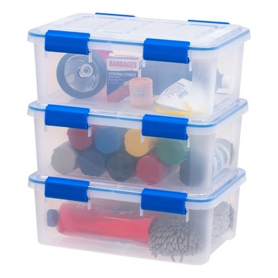 IRIS USA 16 Quart WEATHERPRO Plastic Storage Box with Durable Lid and Seal  and Secure Latching Buckles, Clear With Blue Buckles, Weathertight, 3 Pack