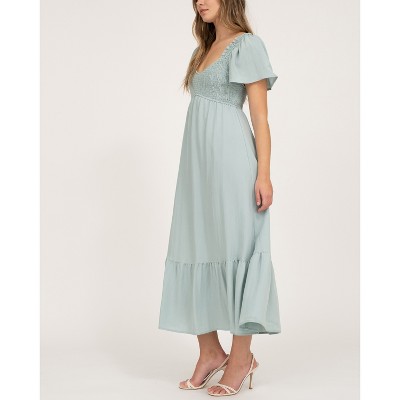 Sage Green Empire Waist Midi Dress with Flutter Sleeves