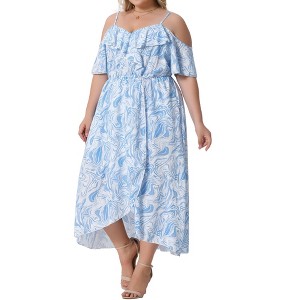 Agnes Orinda Women's Plus Size Cold Shoulder V Neck Short Sleeve Ruffle Floral Maxi Dresses with Side Pockets - 1 of 4