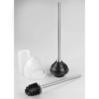 White Plastic Toilet Brush and Plunger Set with Stainless Steel Handles