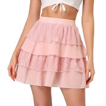 Allegra K Women's Summer High Waist A-Line Lace Mini Tiered Skirt