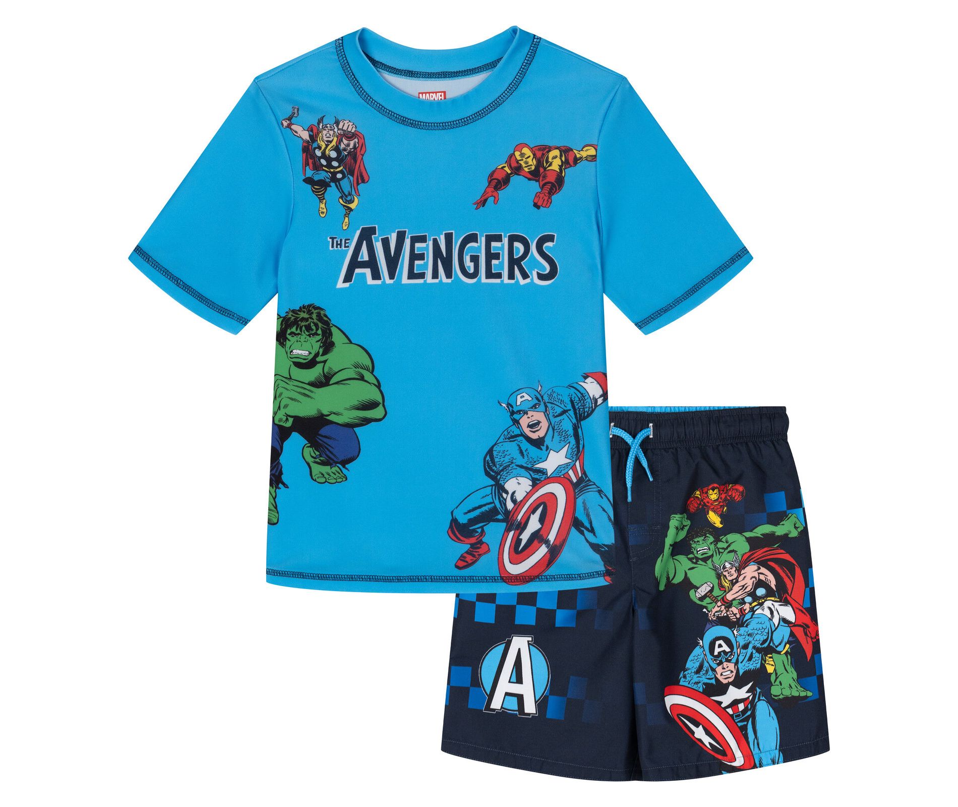 Marvel Avengers Toddler Boys Rash Guard and Swim Trunks UPF 50+ Outfit Set Blue / Navy 2T