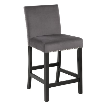 Gray Velvet Counter Stool with Chrome Nailhead Trim