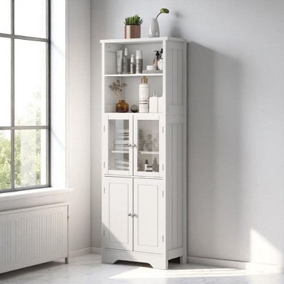 64-Inch Tall Storage Cabinet with Glass & MDF Doors, Adjustable Shelves, Anti-Tip Kit – Bathroom,Kitchen & Living Room Organizer