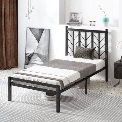 Black Twin Metal Platform Bed with Branch Headboard and Storage