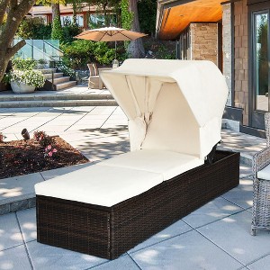 Costway Patio Rattan Lounge Chair Chaise Cushioned Top Canopy Adjustable White - 1 of 4