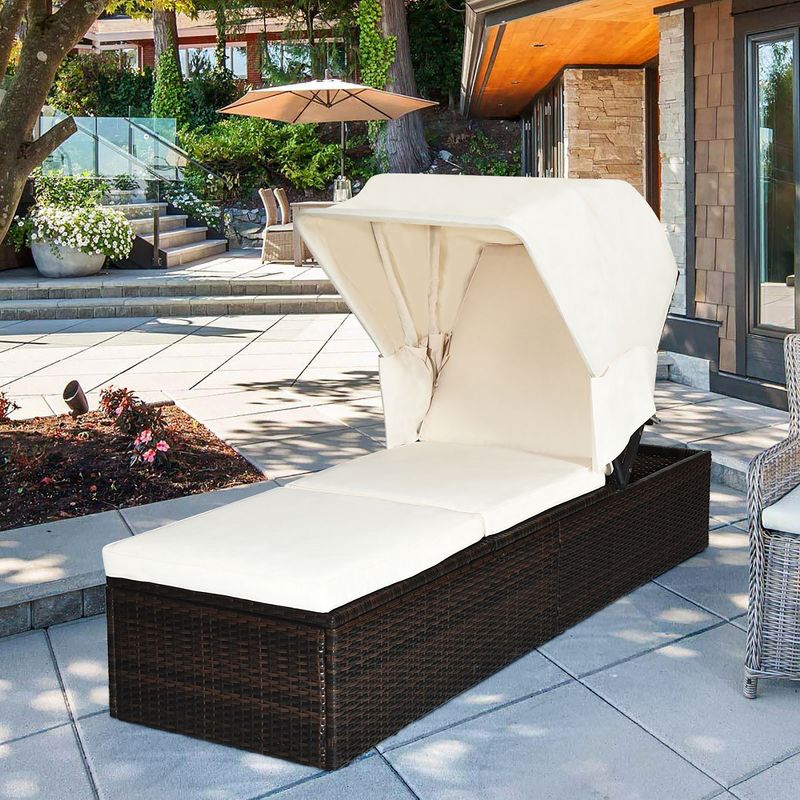 Costway Patio Rattan Lounge Chair Chaise Cushioned Top Canopy Adjustable White, 1 of 11