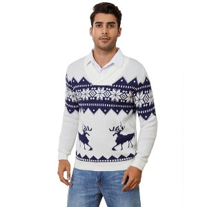 Ugly Christmas Sweater Men Fuuny Reindeer Snowflake Print Pullover Tops Long Sleeve v Neck Soft Knitted Sweaters - 1 of 4