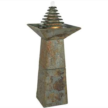 Sunnydaze 40"H Electric Natural Slate Layered Pyramid Tiered Outdoor Water Fountain with LED Light