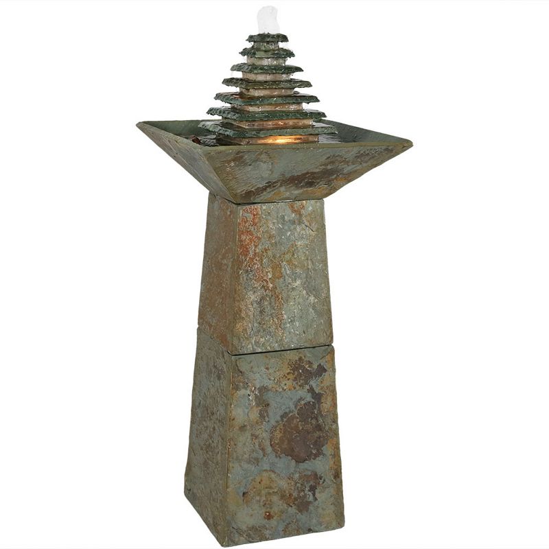 Sunnydaze 40"H Electric Natural Slate Layered Pyramid Tiered Outdoor Water Fountain with LED Light, 1 of 11