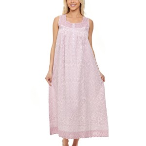 ADR Women's Cotton Nightgown, Sybil Sleeveless Lace Trim Button Up Long Vintage Night Dress Gown - 1 of 4